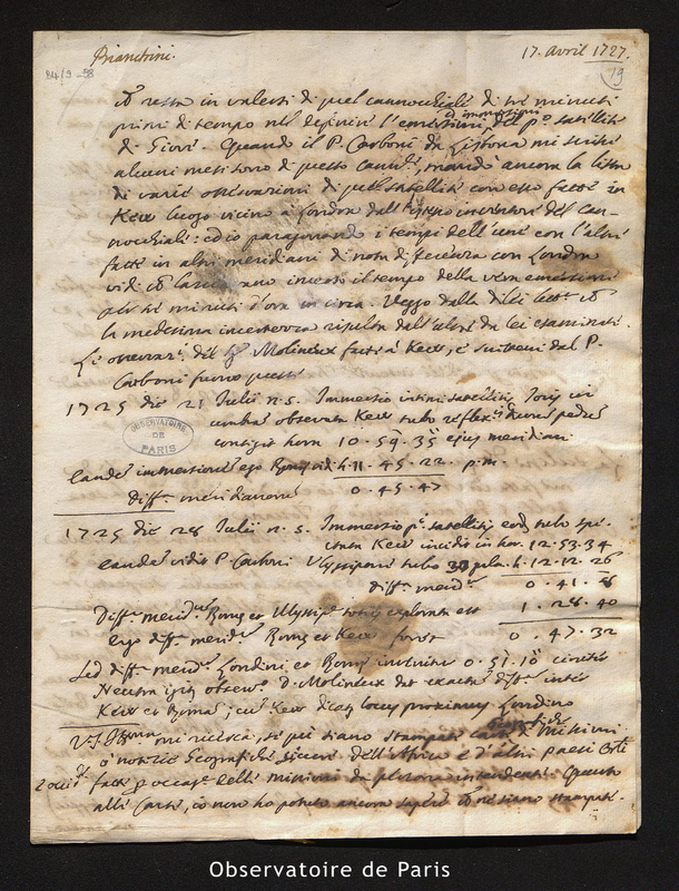 Lettre de Francesco Bianchini, le 17 avril 1727