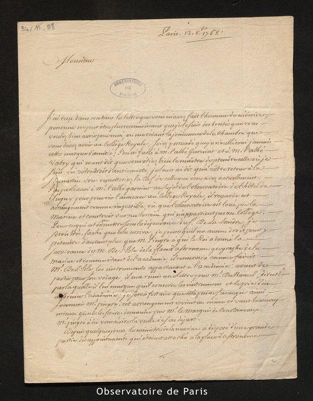 Lettre de Messier à Le Monnier, Paris le 13 octobre 1768