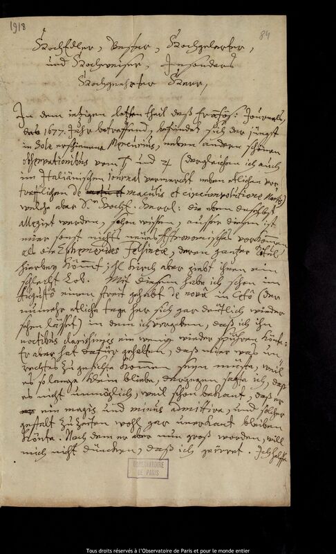 Lettre de Johann Abraham Ihle à Jan Heweliusz, Leipzig, 5 octobre 1678