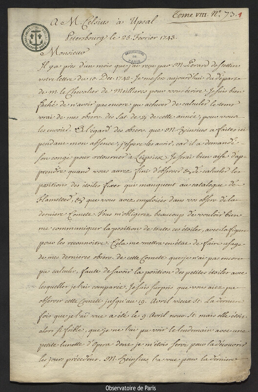 Lettre de Joseph-Nicolas Delisle à Anders Celsius, Saint-Pétersbourg, 25 février 1743