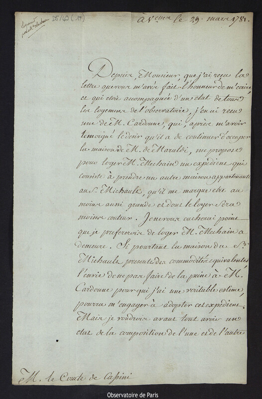 Lettre de Charles de la Billarderie, comte d'Angiviller, à Cassini IV, à Versailles le 29 mars 1781