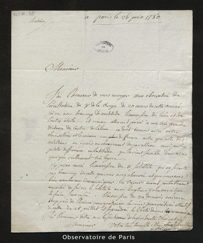 Lettre de Méchain à Cassini IV, Paris le 26 juin 1780