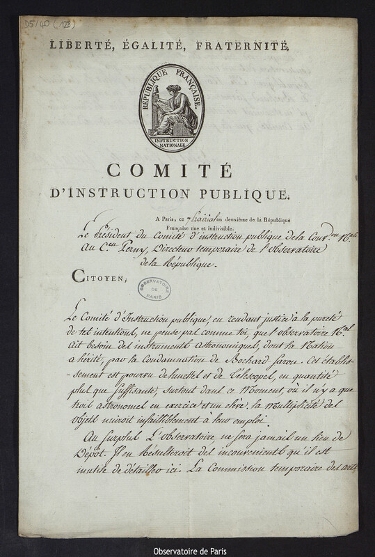 Lettre du Président du Comité d'instruction publique de la Convention Nationale au Citoyen Perny, directeur temporaire de l'Observatoire de la République, le 26 mai 1794