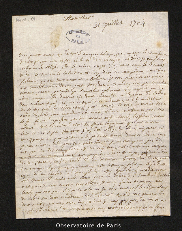 Lettre de Manfredi à Maraldi, Bologne le 31 juillet 1704