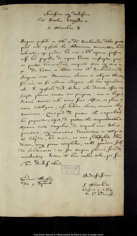 Lettre de Jan Heweliusz à Claes Jansz Vooght, Gdansk, 9 octobre 1677