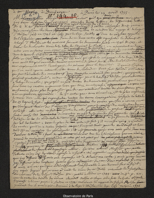 Lettre de Joseph-Nicolas Delisle à Thomas Hayley,Paris, 19 avril 1753