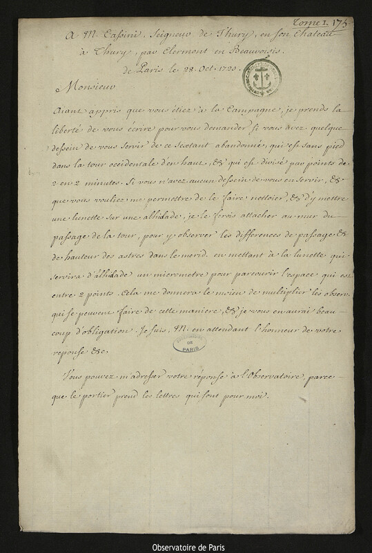 Lettre de Joseph-Nicolas Delisle à Jacques Cassini, Paris, 28 octobre 1720