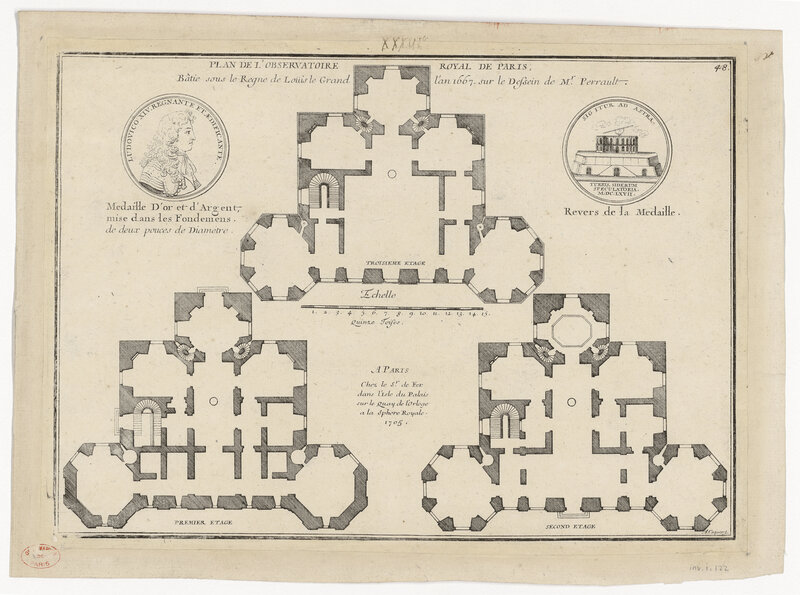 Plan de l’Observatoire royal de Paris, bâtie [sic] sous le règne de Louis le Grand l’an 1667 sur le dessein de Mr Perrault ; médaille d’or et d’argent mise dans les fondemens de deux pouces de diamètre … (titre original)