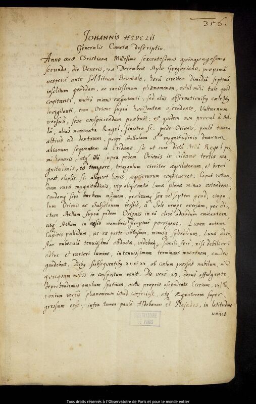 Texte manuscrit de Jan Heweliusz, Gdansk, 13 janvier 1653