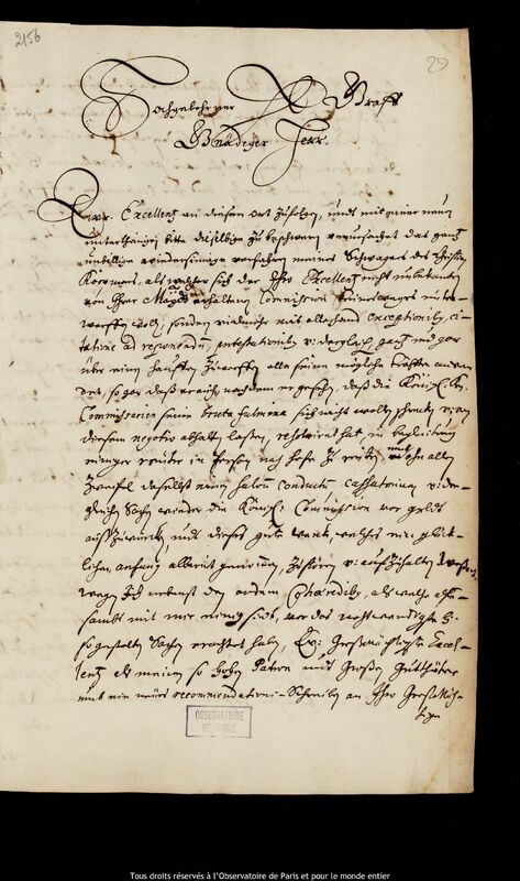 Lettre de Jan Heweliusz à Jan Kazimierz Denhoff, Gdansk, 15 octobre 1681