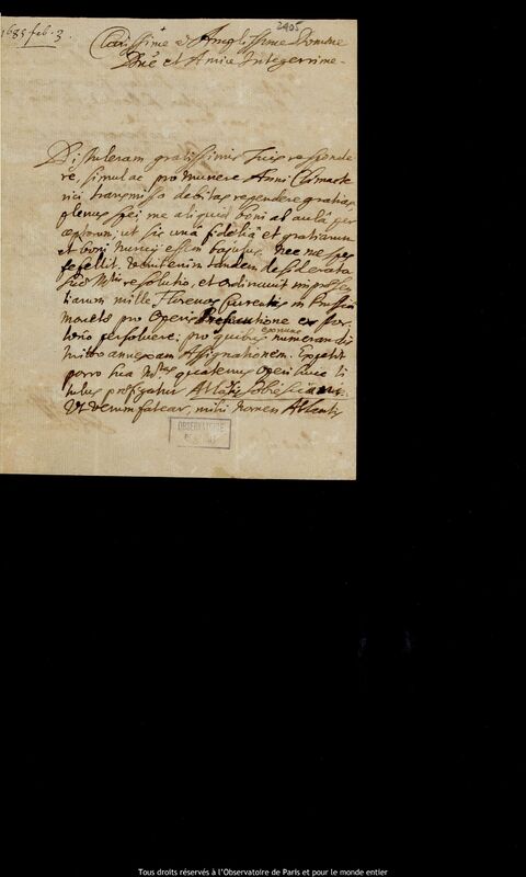 Lettre de Michal Antoni Hacki à Jan Heweliusz, Oliwa, 3 février 1685