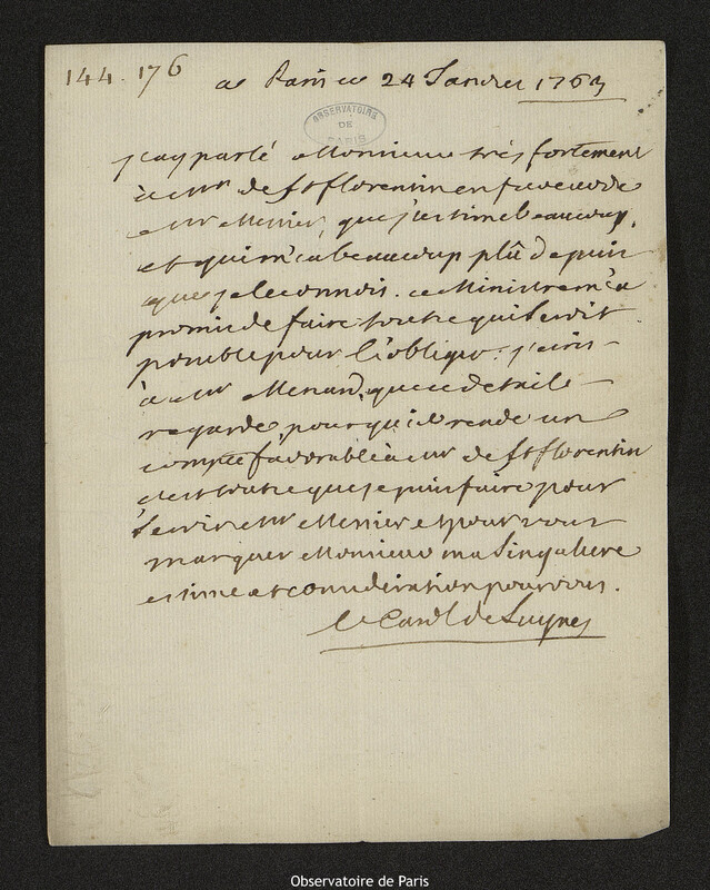 Lettre de Paul d'Albert de Luynes à Joseph-Nicolas Delisle, Paris, 24 janvier 1763