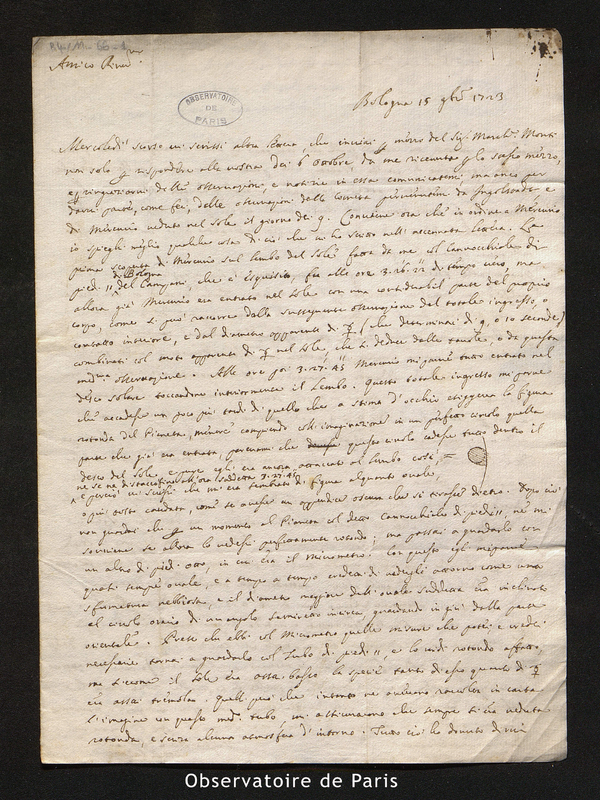 Lettre de Manfredi à Maraldi, Bologne le 15 novembre 1723