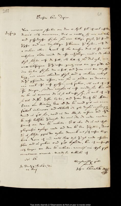 Lettre de Jan Heweliusz à Daniel Depiere, Gdansk, 22 mai 1682