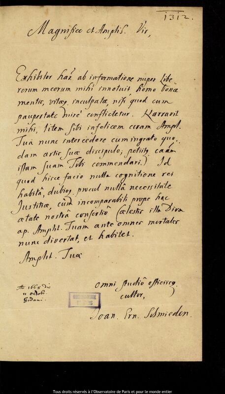 Lettre de Johann Ernst von Schmieden à Jan Heweliusz, Gdansk, 11 octobre 1668