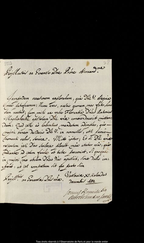 Lettre de Bartholomaeus Sardi à Jan Heweliusz, Varsovie, 22 novembre 1682