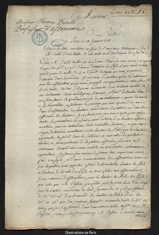 Lettre de Joseph-Nicolas Delisle à Tommaso Perelli, Paris, 18 janvier 1751