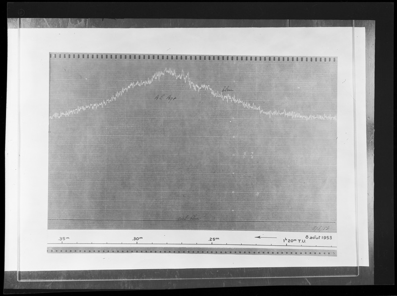 Explosion de l'étoile AE Aquaril enregistrée le 8 août 1953 au photomètre photoélectrique de l'Observatoire de Haute-Provence par Mr Lenouvel (titre forgé)