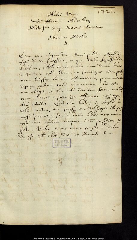 Lettre de Jan Heweliusz à Henry Oldenburg, Gdansk, 20 novembre 1668