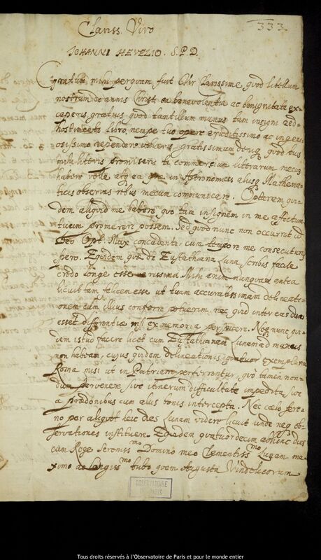 Lettre de Villum Lange à Jan Heweliusz, Copenhague, 20 novembre 1652