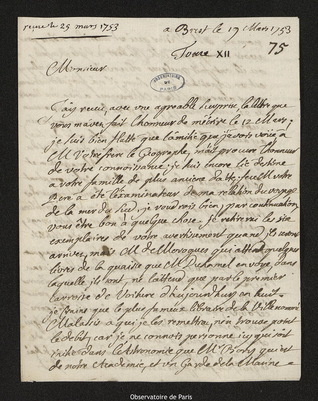 Lettre de Amédée Frezier à Joseph-Nicolas Delisle, Brest, 19 mars 1753