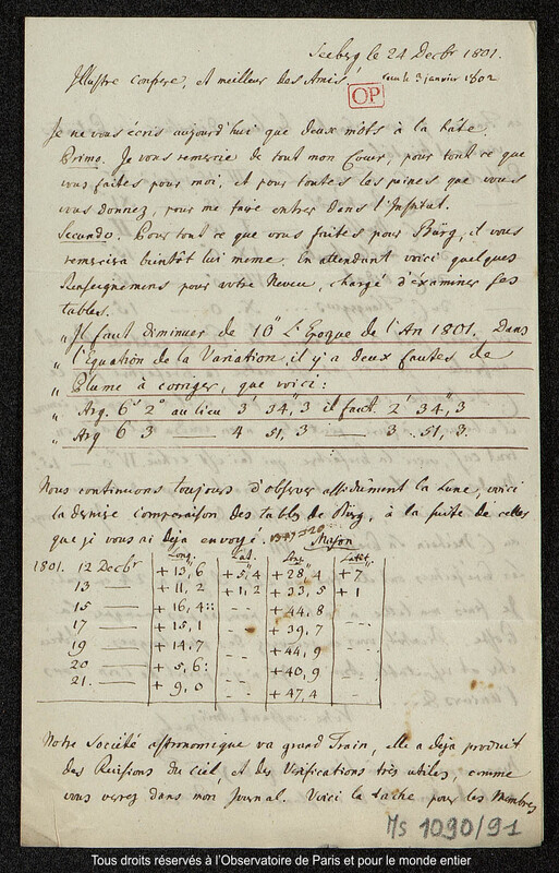 Lettre du baron Franz Xaver von Zach à Joseph Jérôme Le françois de Lalande Seeberg, 24 décembre 1801