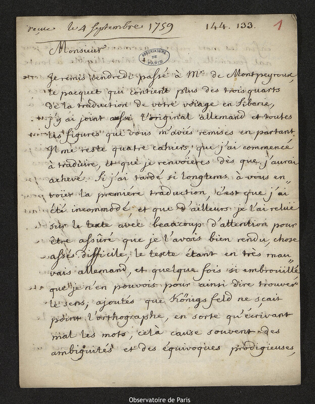 Lettre de Pierre-Louis Le Roy à Joseph-Nicolas Delisle, Genève, 29 août 1759