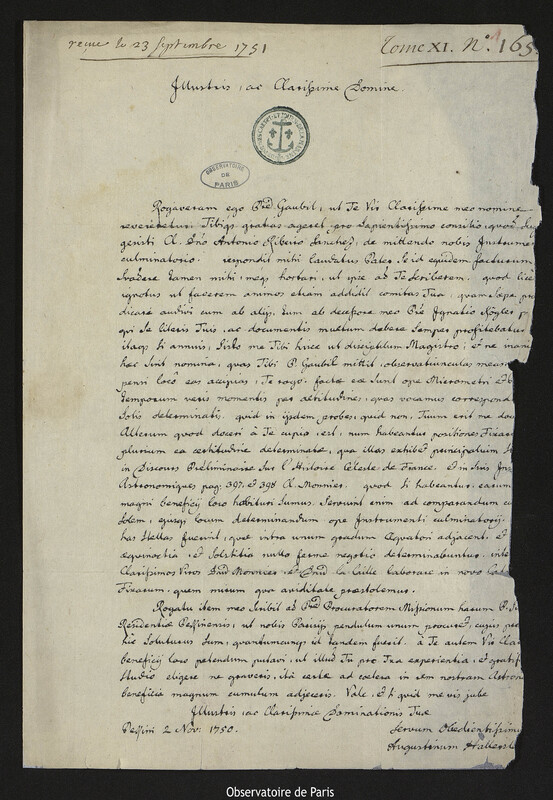 Lettre de Augustin Hallerstein à Joseph-Nicolas Delisle, Pékin, 2 novembre 1750