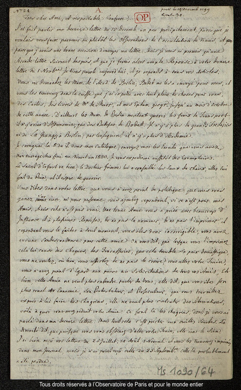 Lettre du baron Franz Xaver von Zach à Joseph Jérôme Le françois de Lalande [Gotha], 19 décembre 1799