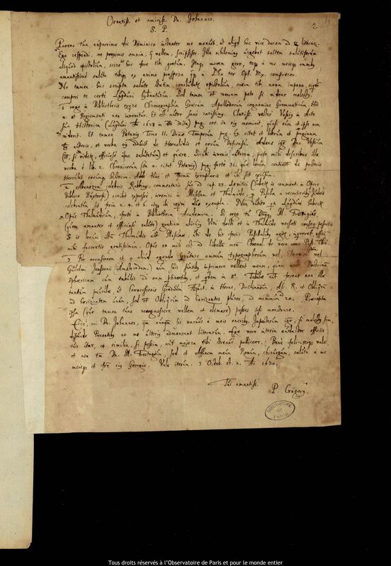 Lettre de Peter Crüger à Jan Heweliusz, Gdansk, 3 octobre 1630