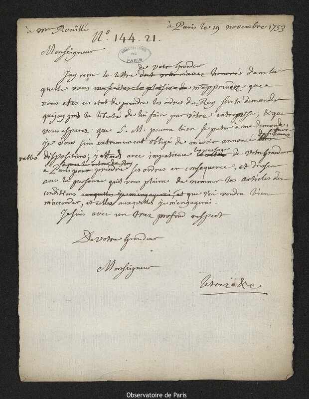 Lettre de Joseph-Nicolas Delisle à Antoine Louis Rouillé, Paris, 19 novembre 1753