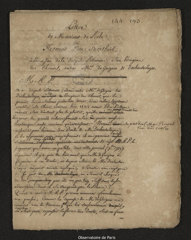 Lettre de Joseph-Nicolas Delisle à Guillaume François Berthier