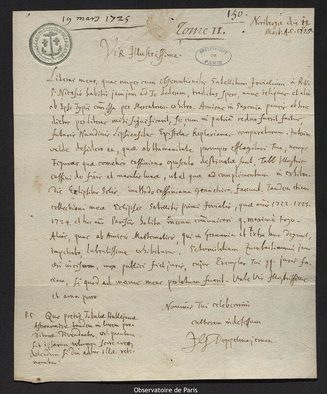 Lettre de Johann Gabriel Doppelmayr à Joseph-Nicolas Delisle, Nuremberg, 19 mars 1725