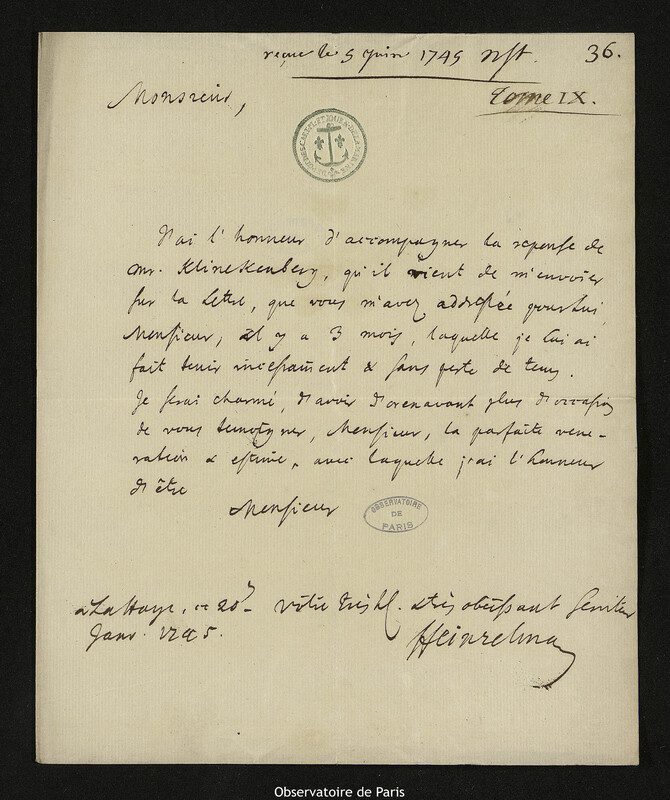 Lettre de Heinzelman à Joseph-Nicolas Delisle, La Haye, 20 janvier 1745