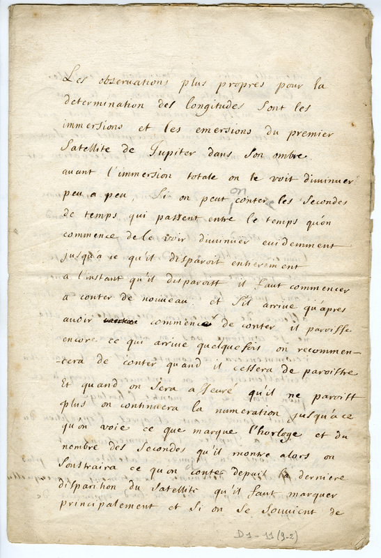 Les observations plus propres pour la détermination des longitudes sont les immersions et les émersions du premier satellite de Jupiter… (2 feuillets)
