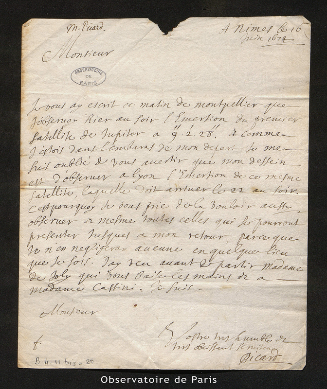 Lettre de Picard à Cassini I, Nîmes le 16 juin 1674