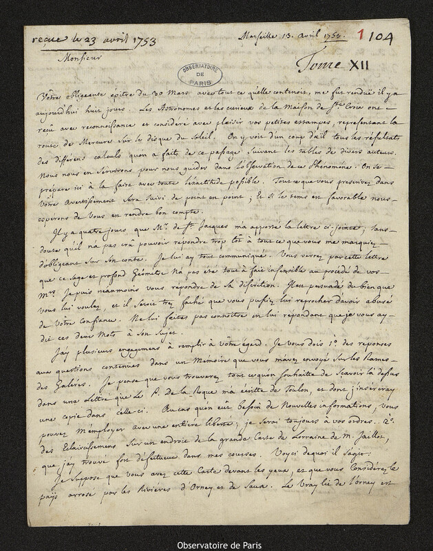 Lettre de Louis Lagrange à Joseph-Nicolas Delisle, Marseille, 13 avril 1753