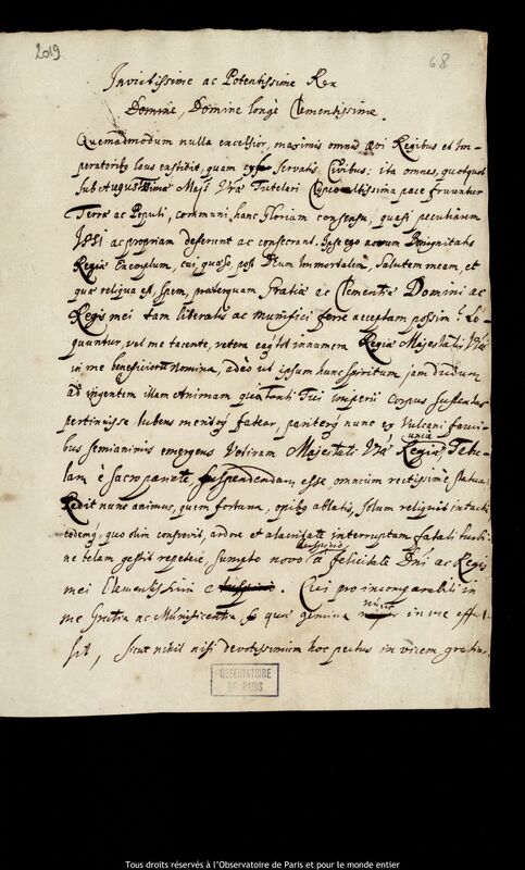 Lettre de Jan Heweliusz à Jan III Sobieski, Gdansk, 1678