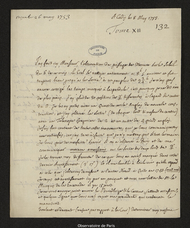 Lettre de Louis Godin à Joseph-Nicolas Delisle, Cadix, 8 mai 1753