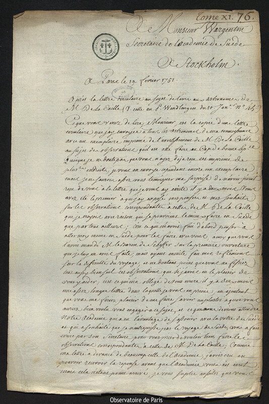 Lettre de Joseph-Nicolas Delisle à Pehr Wilhelm Wargentin, Paris, 19 février 1751