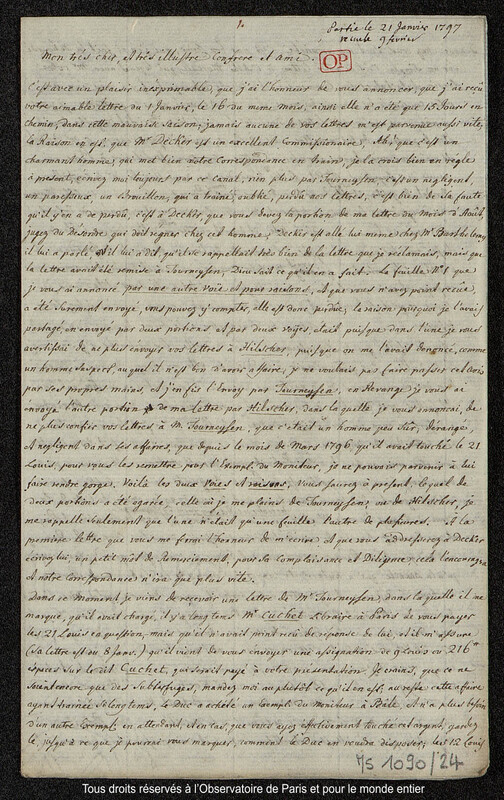 Lettre du baron Franz Xaver von Zach à Joseph Jérôme Le françois de Lalande [Gotha], 21 janvier 1797