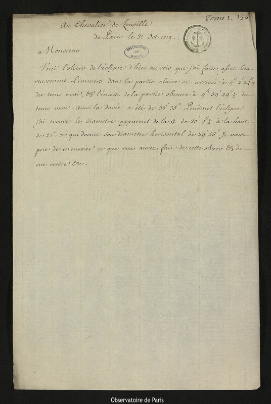 Lettre de Joseph-Nicolas Delisle à Jacques d'Allonville de Louville, Paris, 31 octobre 1719