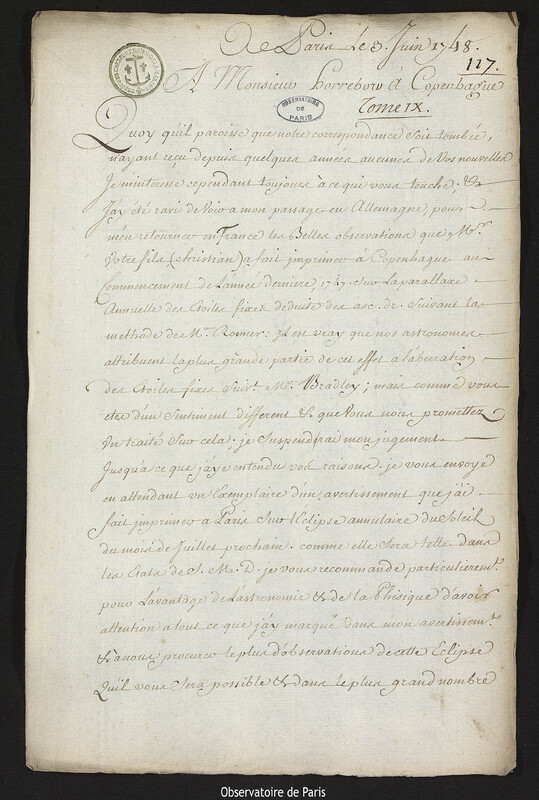 Lettre de Joseph-Nicolas Delisle à Peder Horrebow, Paris, 3 juin 1748