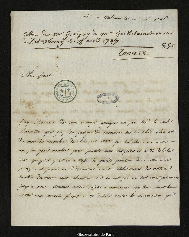 Lettre de François-Philippe-Antoine Garipuy à Pierre-François de Guillemet, Toulouse, 30 avril 1746