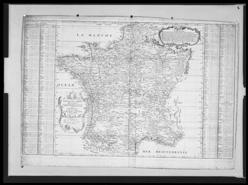 Reproduction de la Nouvelle carte qui comprend les principaux triangles qui servent de fondement à la description géométrique de la France levée par ordre du Roy par messieurs Maraldi et Cassini de Thury de l'Académie Royale des Sciences, année 1744. (titre forgé)