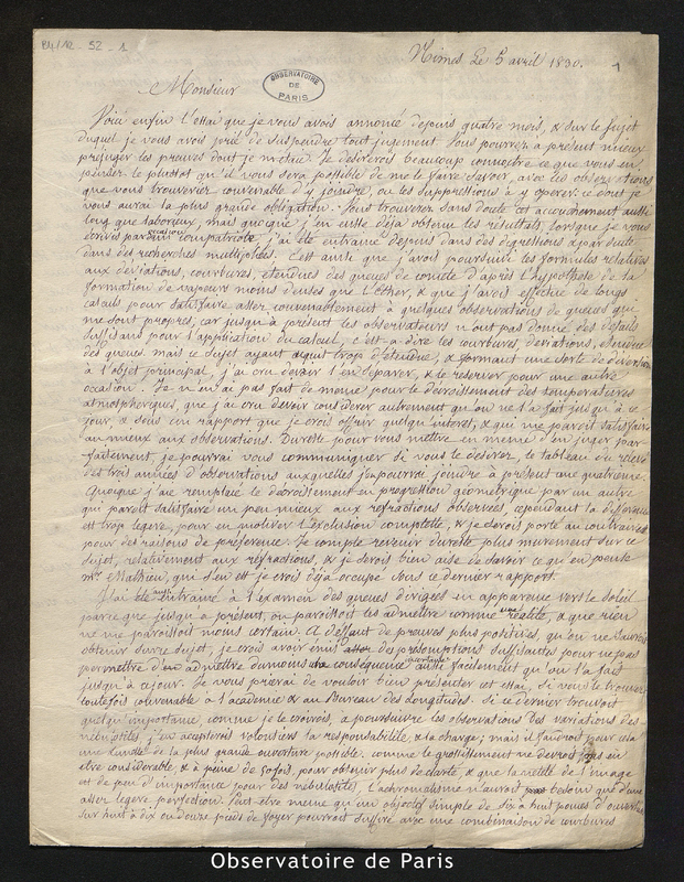 Lettre de Benj. Valz à François Arago, Nîmes le 5 avril 1830