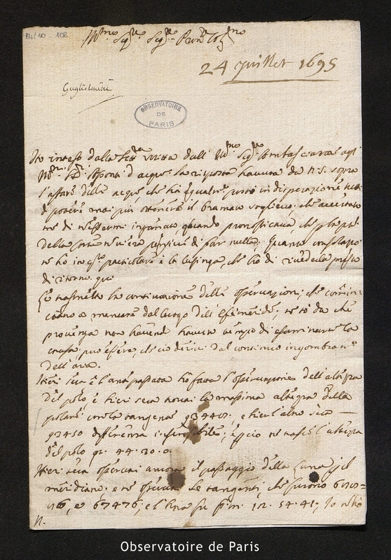 Lettre de Guglielmini à [Cassini I], Bologne le 24 juillet 1695