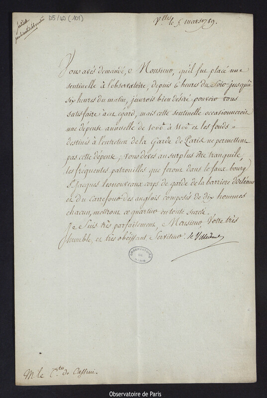 Lettre de Pierre Laurent de Villedeuil, à Cassini IV, directeur de l'Observatoire, le 5 mars 1789