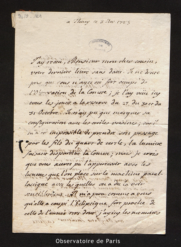 Lettre de Cassini II à Maraldi, Thury le 3 novembre 1723