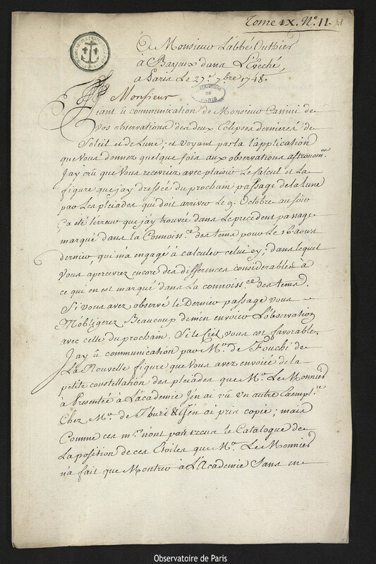 Lettre de Joseph-Nicolas Delisle à Réginald Outhier, Paris, 27 septembre 1748